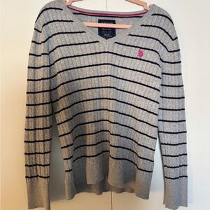 U.S. Polo Assn. Gray and Blue Striped cableknit V-Neck Sweater